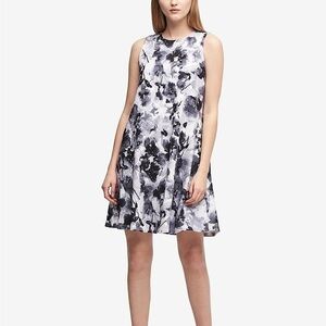 DKNY Watercolor Floral Sleeveless Jewel Neck Black Gray White Cocktail Dress